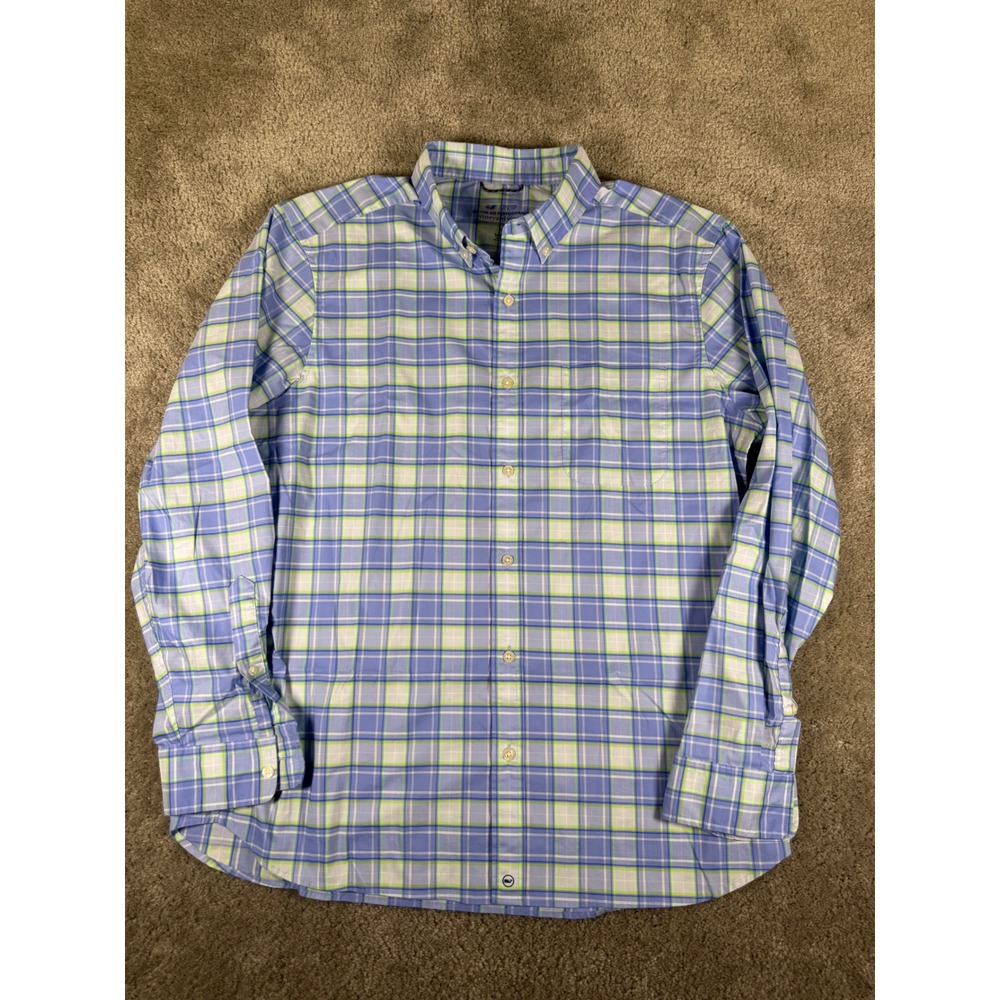 Vineyard Vines OTG Performance Shirt Mens Large Blue Green Plaid Brrr Cooling